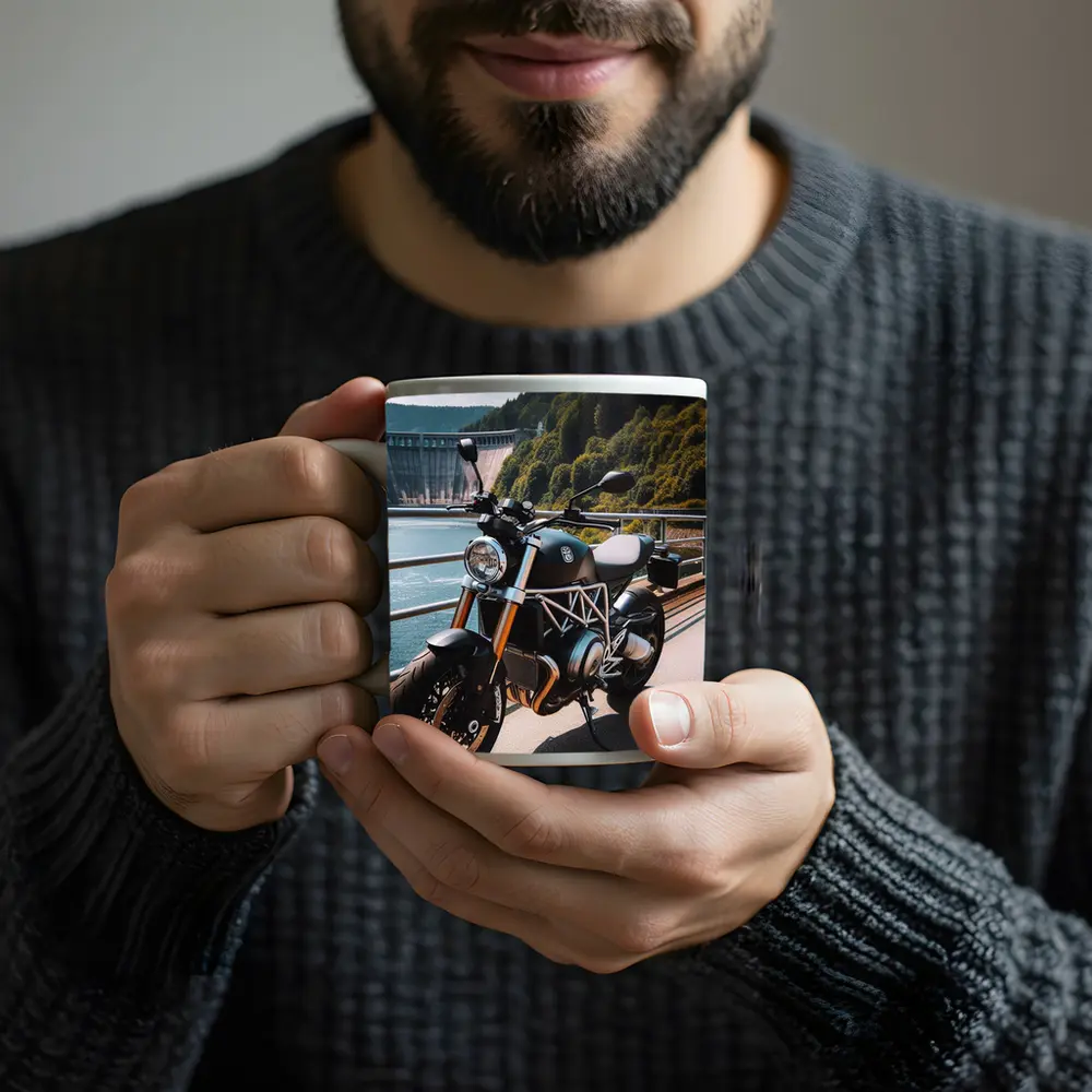 Husqvarna Naked Bike Parked By Dam – Mugs