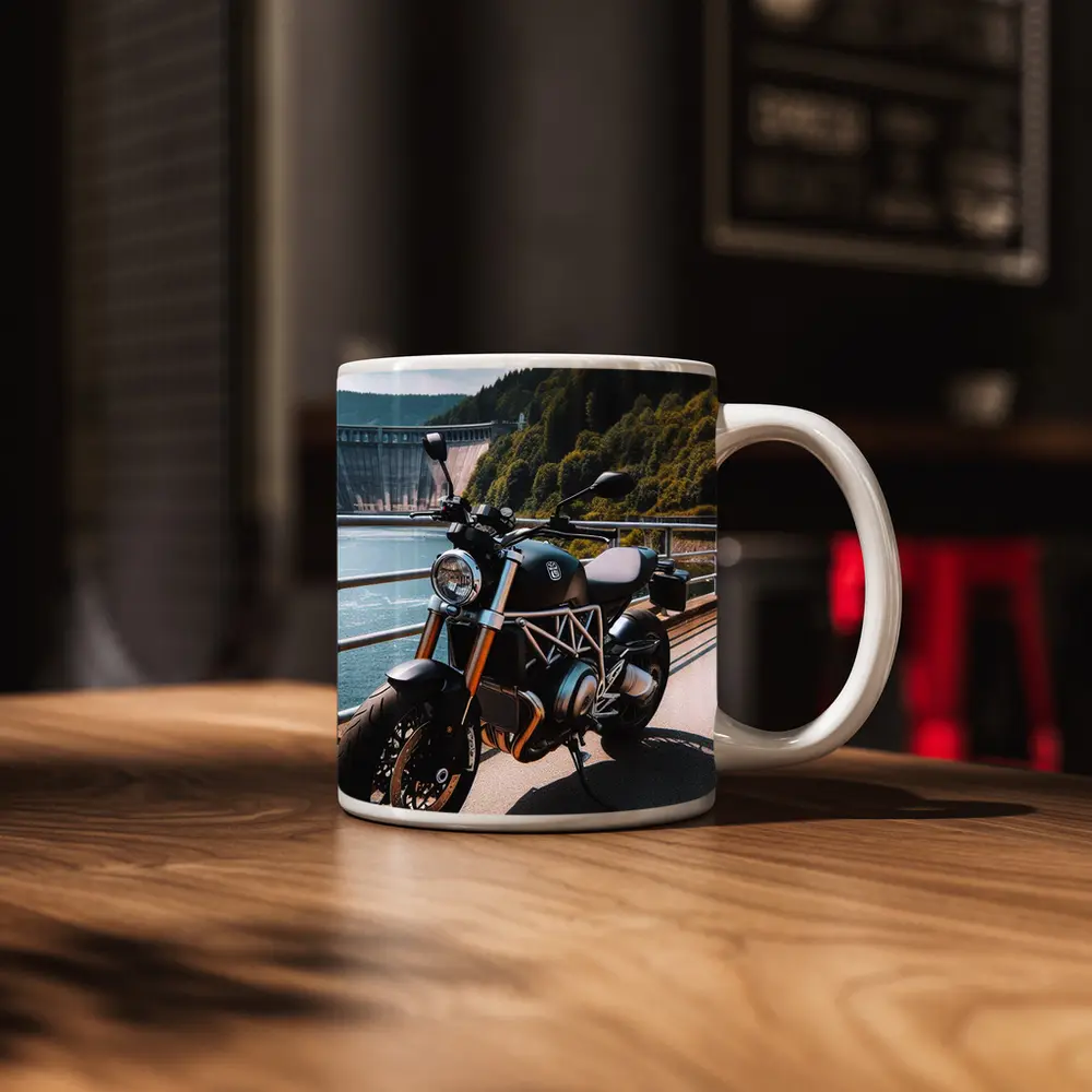Husqvarna Naked Bike Parked By Dam – Mugs