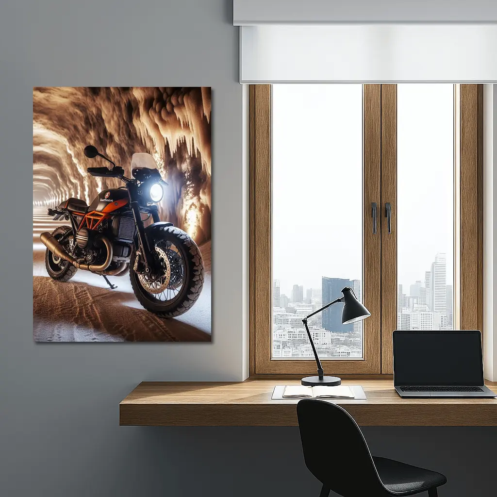 Scrambler Motorcycle Inside Glowing Cave – Wall Art