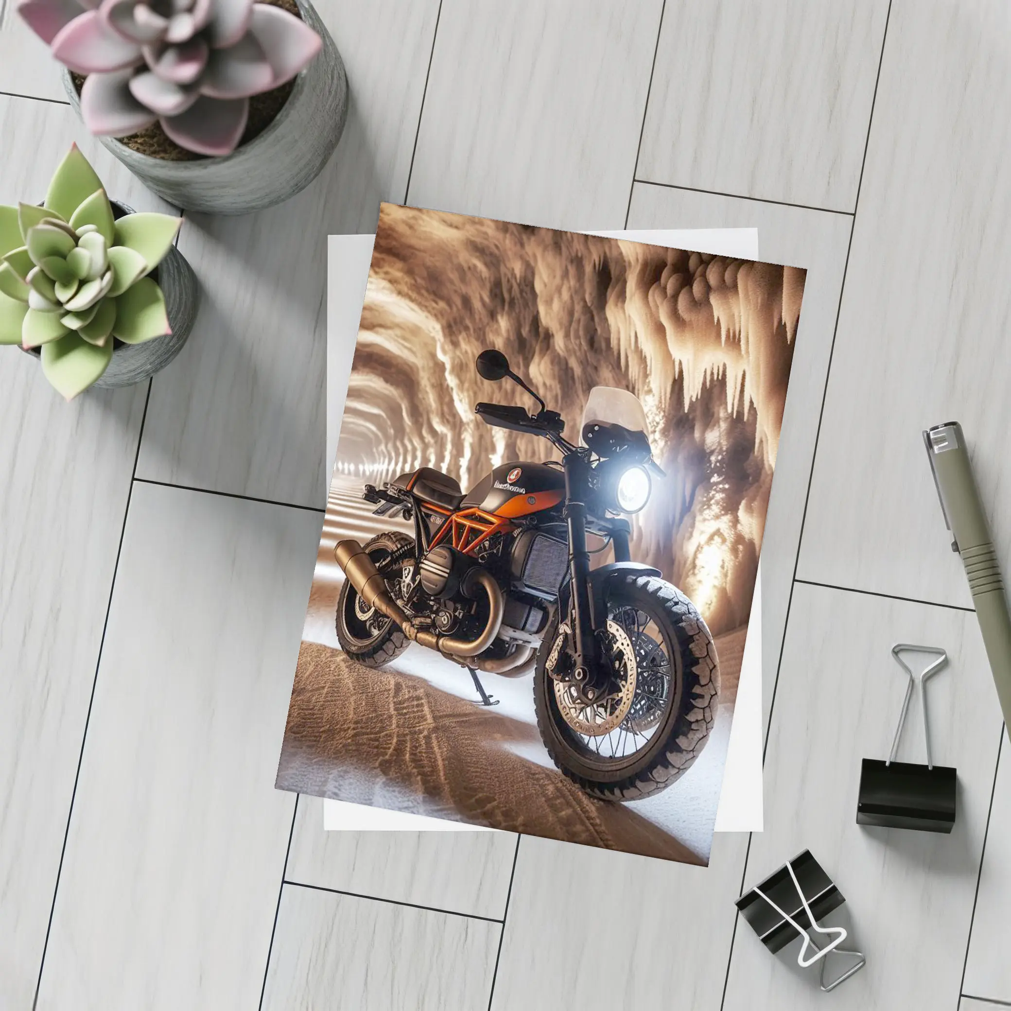 Scrambler Motorcycle Inside Glowing Cave – Postcards