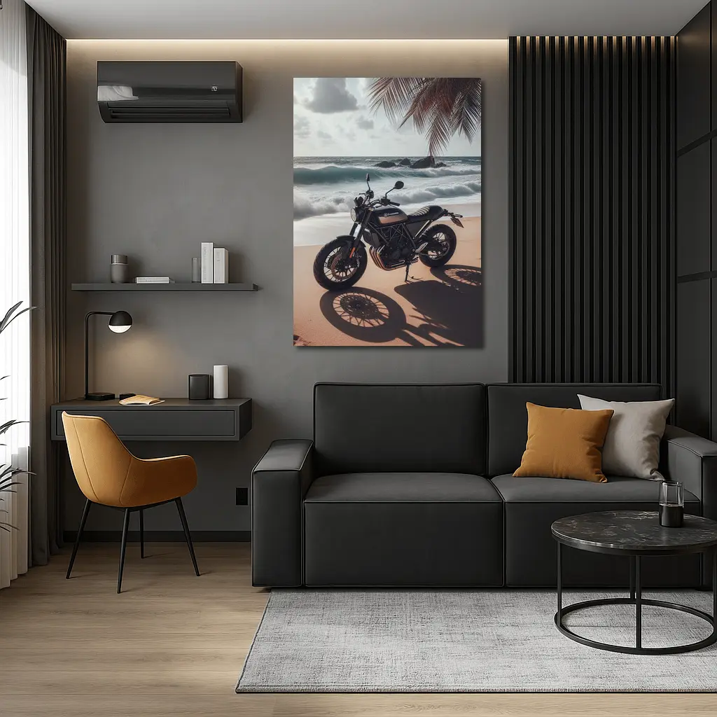 Husqvarna Scrambler Motorcycle Parked Tropical Beach – Wall Art