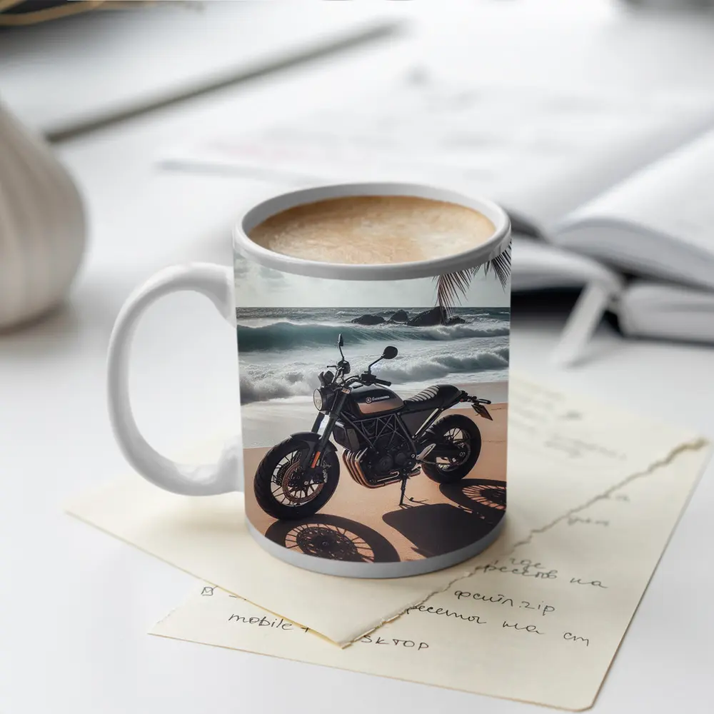 Husqvarna Scrambler Motorcycle Parked Tropical Beach – Mugs