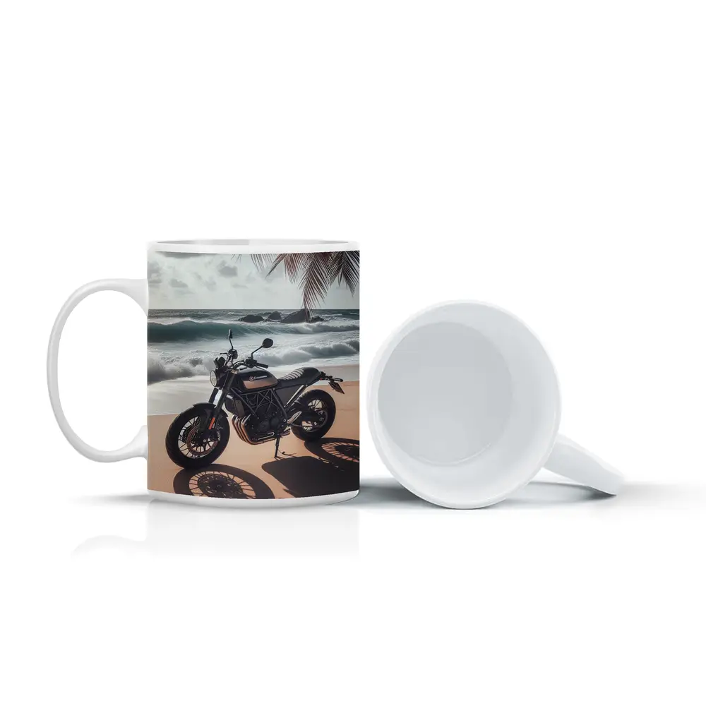 Husqvarna Scrambler Motorcycle Parked Tropical Beach – Mugs