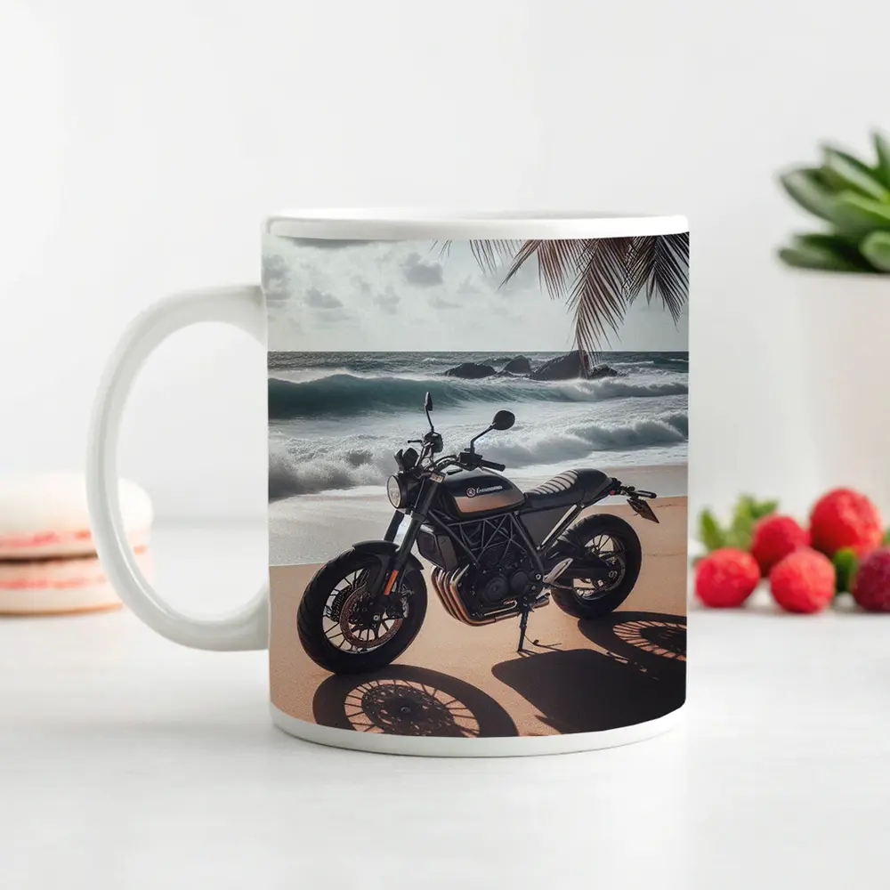 Husqvarna Scrambler Motorcycle Parked Tropical Beach – Mugs