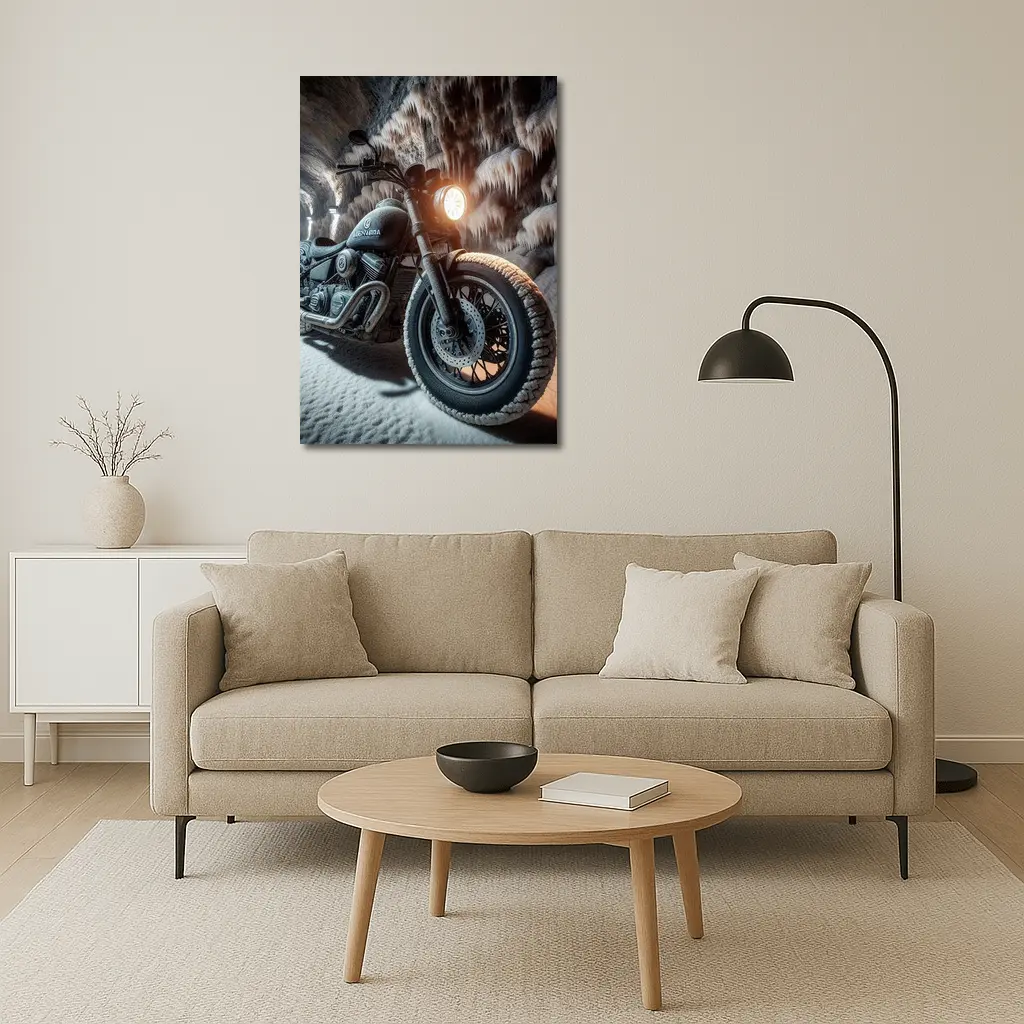 Frost Covered Motorcycle Parked Inside Ice Cave – Wall Art