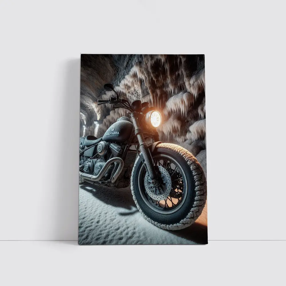 Frost Covered Motorcycle Parked Inside Ice Cave – Wall Art