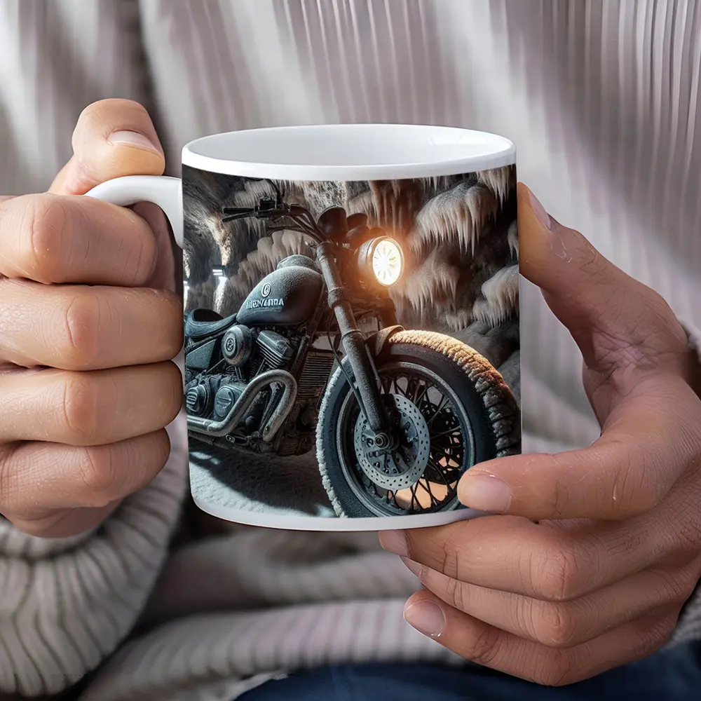 Frost Covered Motorcycle Parked Inside Ice Cave – Mugs