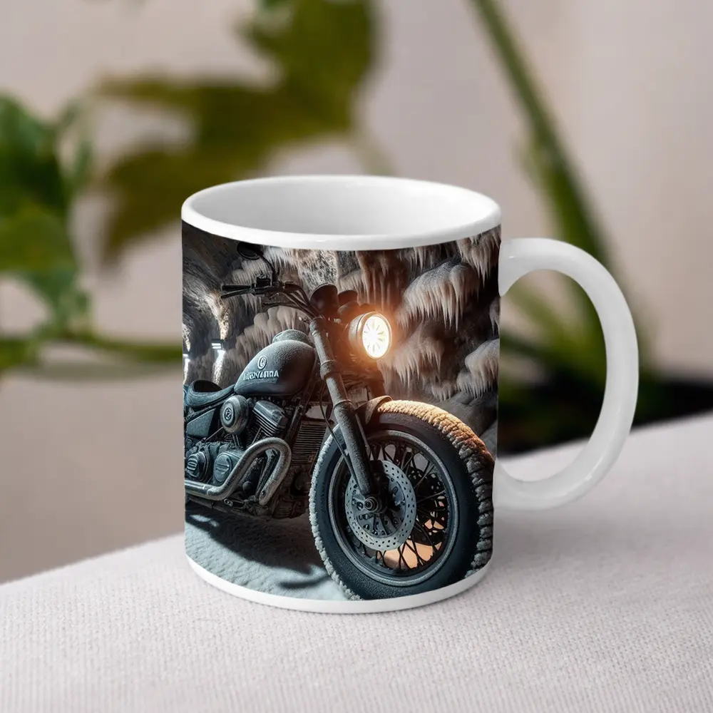 Frost Covered Motorcycle Parked Inside Ice Cave – Mugs