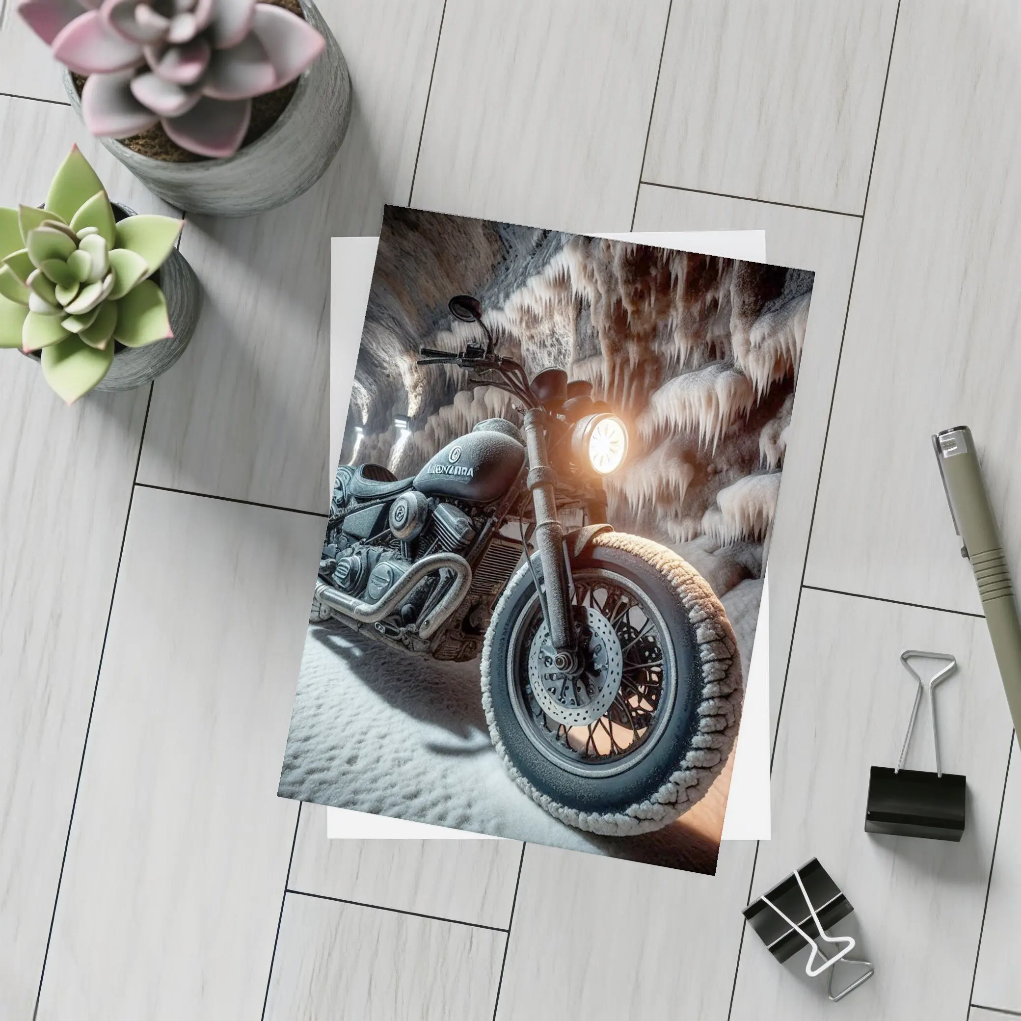Frost Covered Motorcycle Parked Inside Ice Cave – Postcards