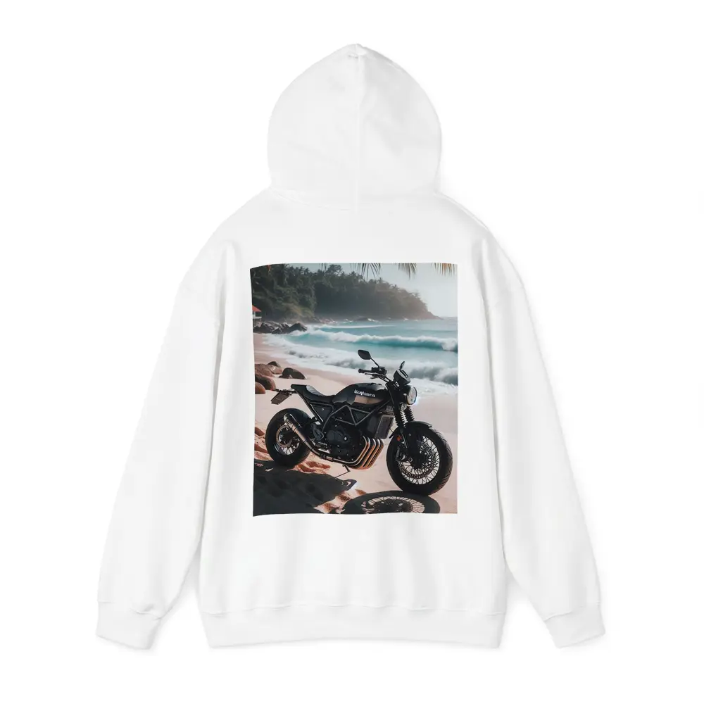 Black Scrambler Motorcycle Parked On Tropical Beach – Hoodies