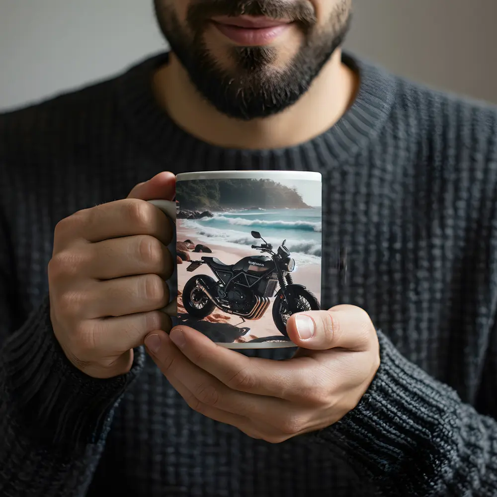 Black Scrambler Motorcycle Parked On Tropical Beach – Mugs
