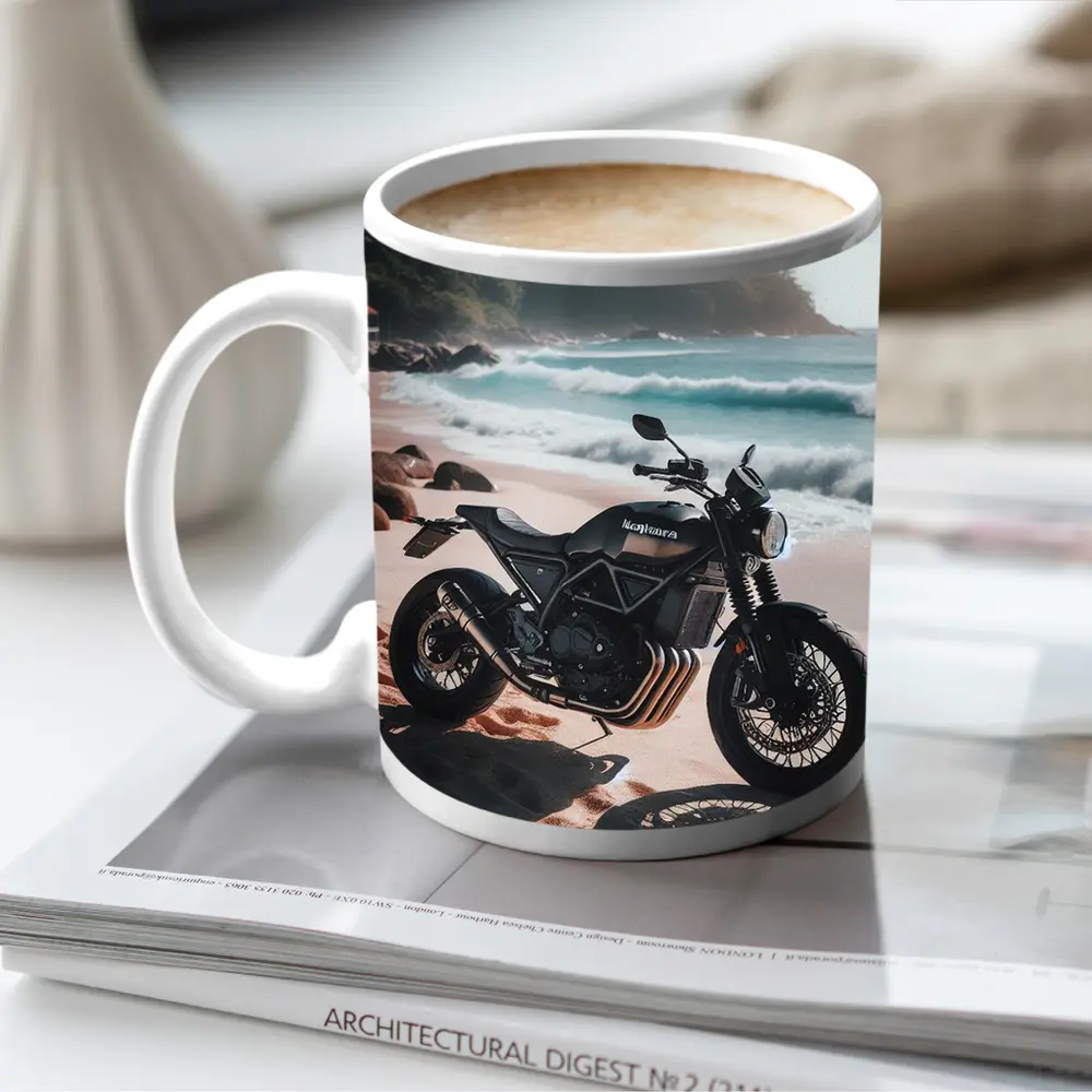 Black Scrambler Motorcycle Parked On Tropical Beach – Mugs