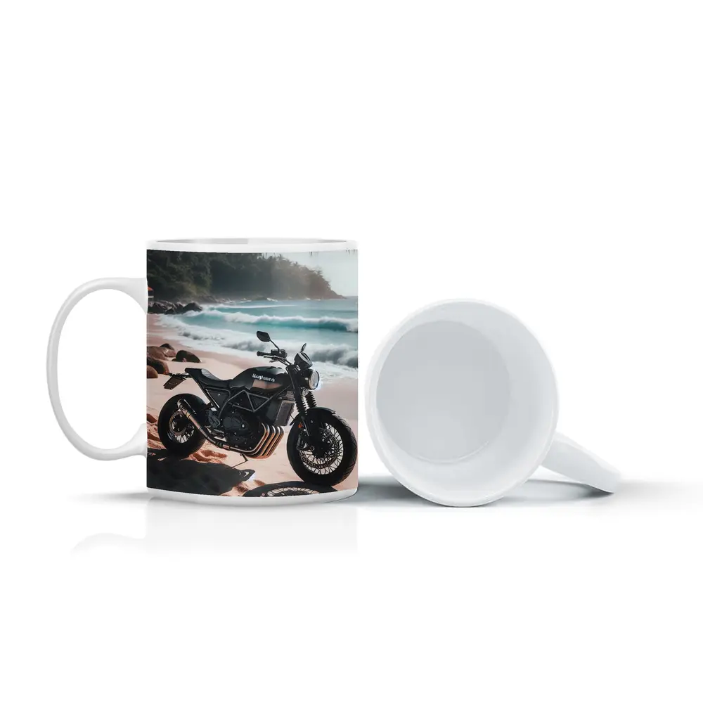 Black Scrambler Motorcycle Parked On Tropical Beach – Mugs