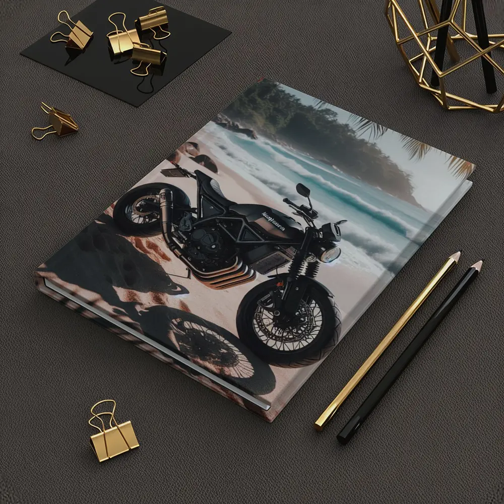 Black Scrambler Motorcycle Parked On Tropical Beach – Notebooks