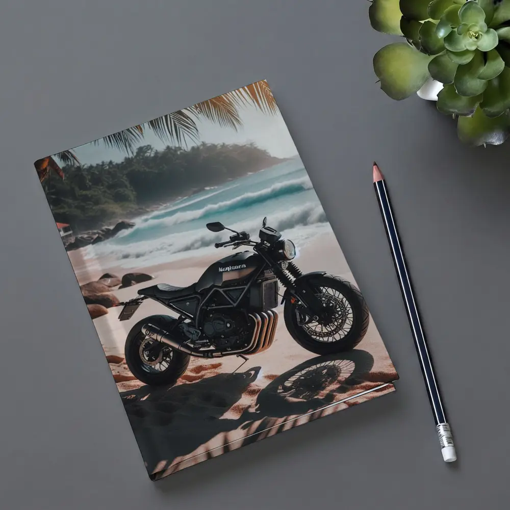 Black Scrambler Motorcycle Parked On Tropical Beach – Notebooks