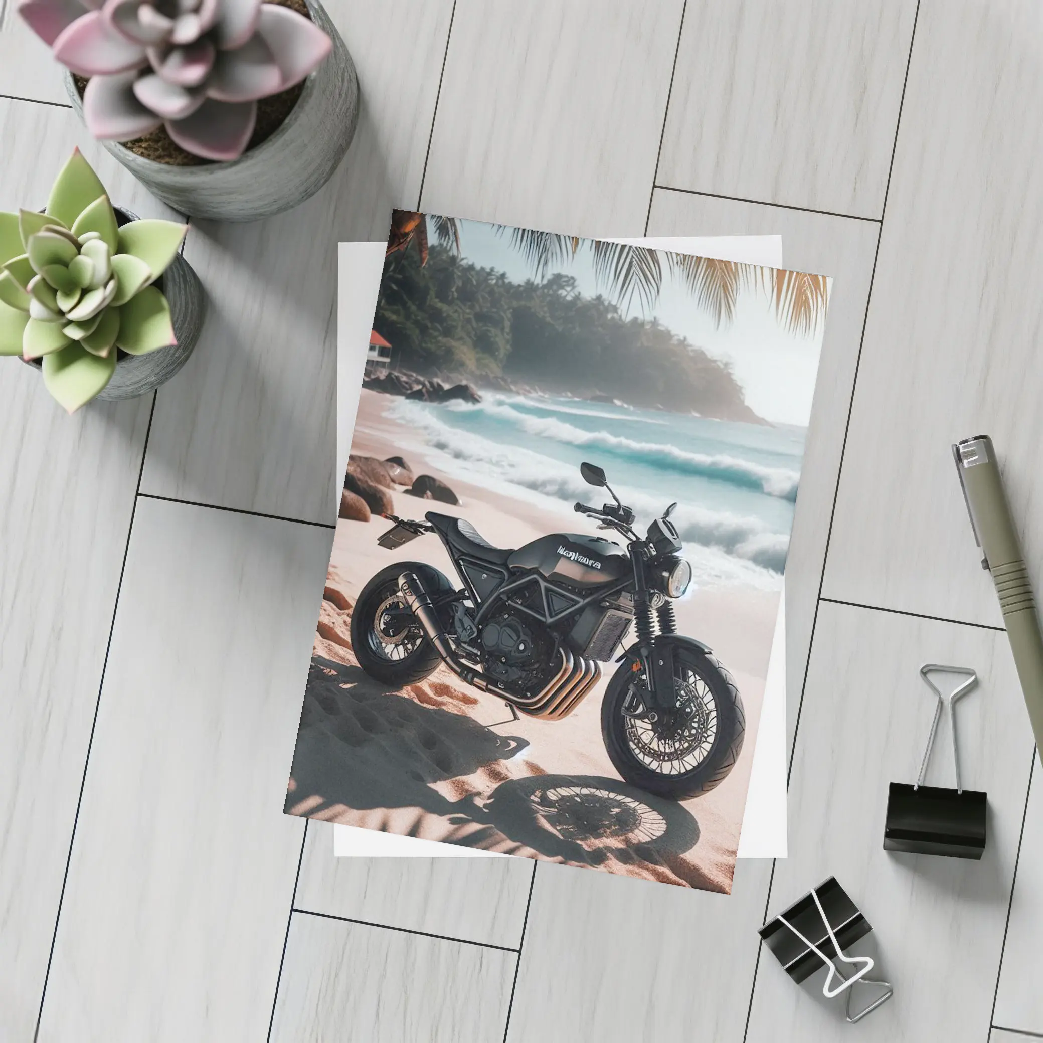 Black Scrambler Motorcycle Parked On Tropical Beach – Postcards