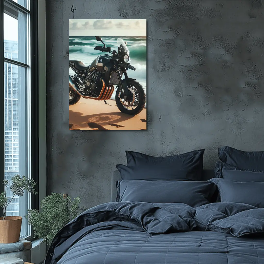 Adventure Motorcycle Parked on Sandy Beach – Wall Art