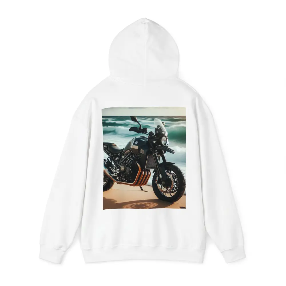Adventure Motorcycle Parked on Sandy Beach – Hoodies