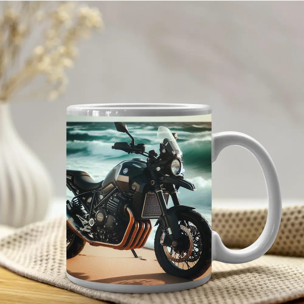 Adventure Motorcycle Parked on Sandy Beach – Mugs