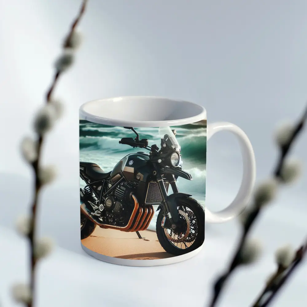 Adventure Motorcycle Parked on Sandy Beach – Mugs
