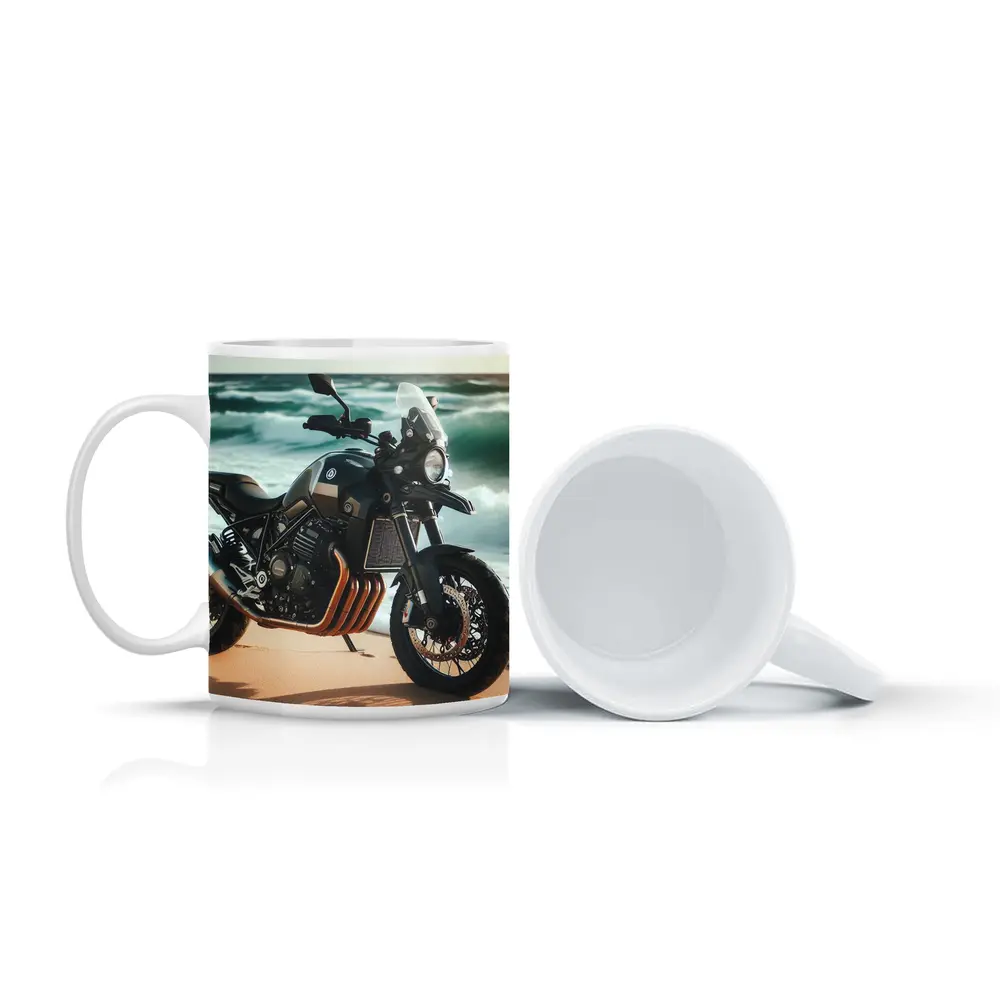Adventure Motorcycle Parked on Sandy Beach – Mugs