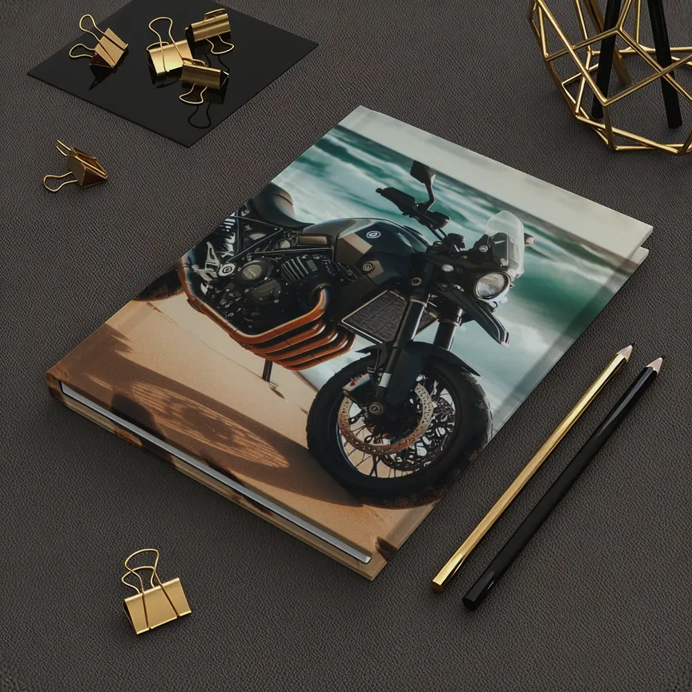 Adventure Motorcycle Parked on Sandy Beach – Notebooks