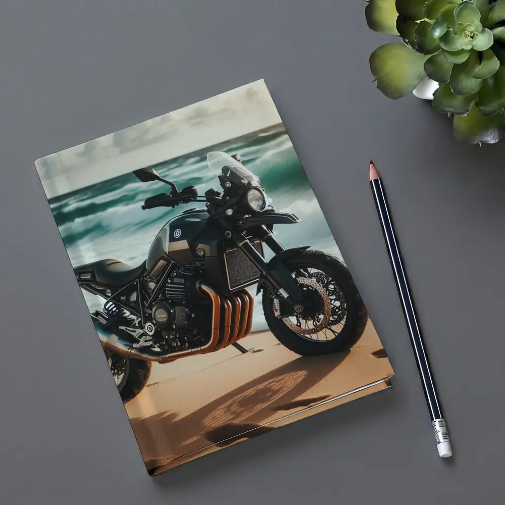 Adventure Motorcycle Parked on Sandy Beach – Notebooks