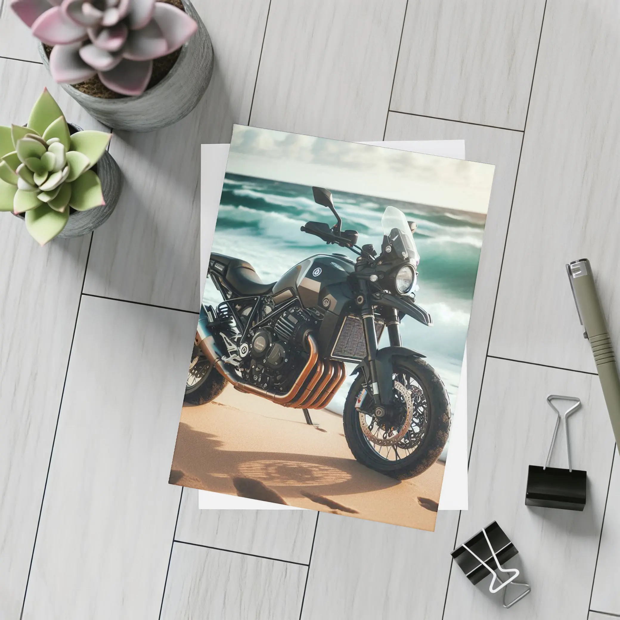 Adventure Motorcycle Parked on Sandy Beach – Postcards