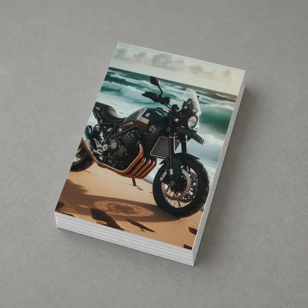 Adventure Motorcycle Parked on Sandy Beach – Postcards