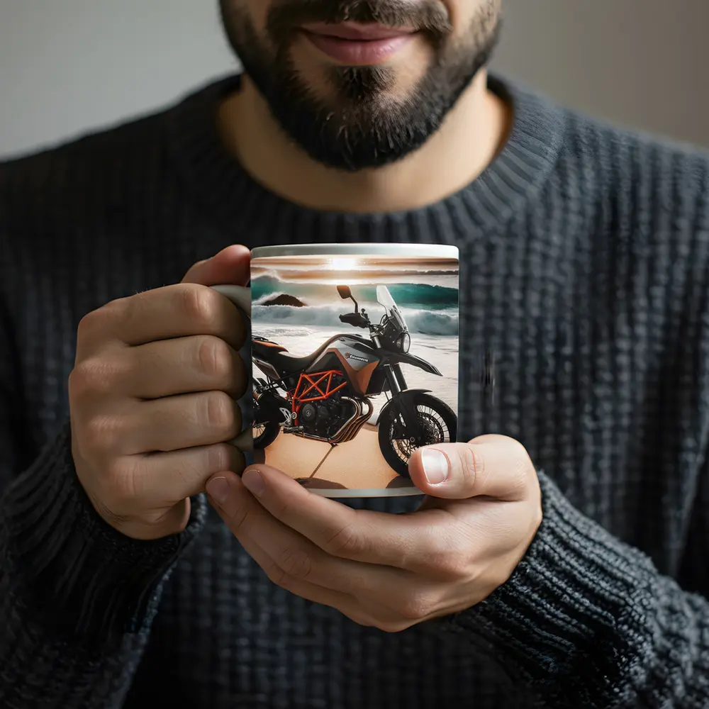 KTM Adventure Motorcycle Parked On Beach – Mugs