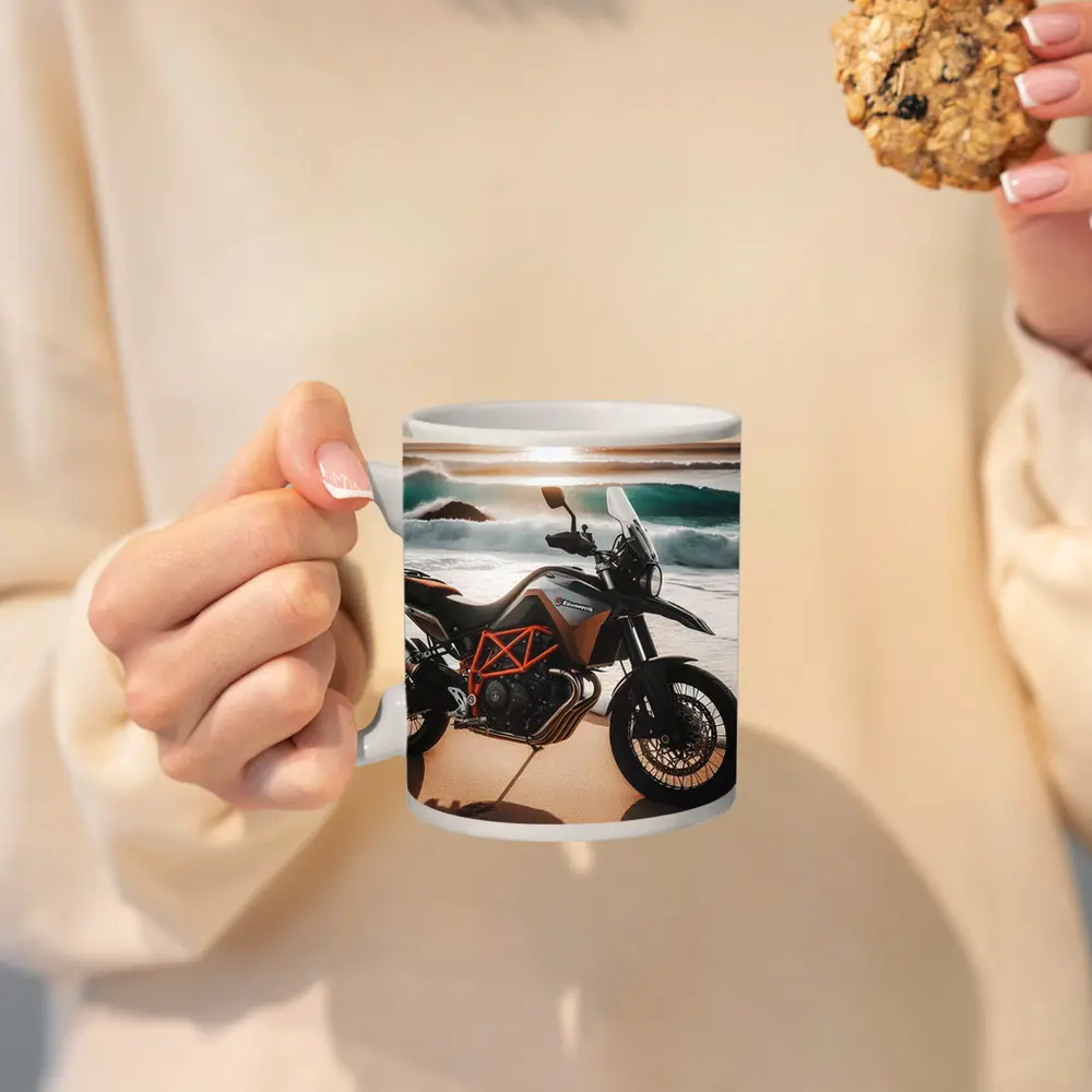 KTM Adventure Motorcycle Parked On Beach – Mugs