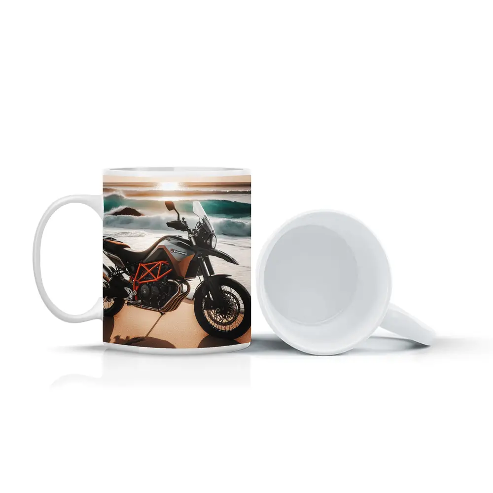 KTM Adventure Motorcycle Parked On Beach – Mugs