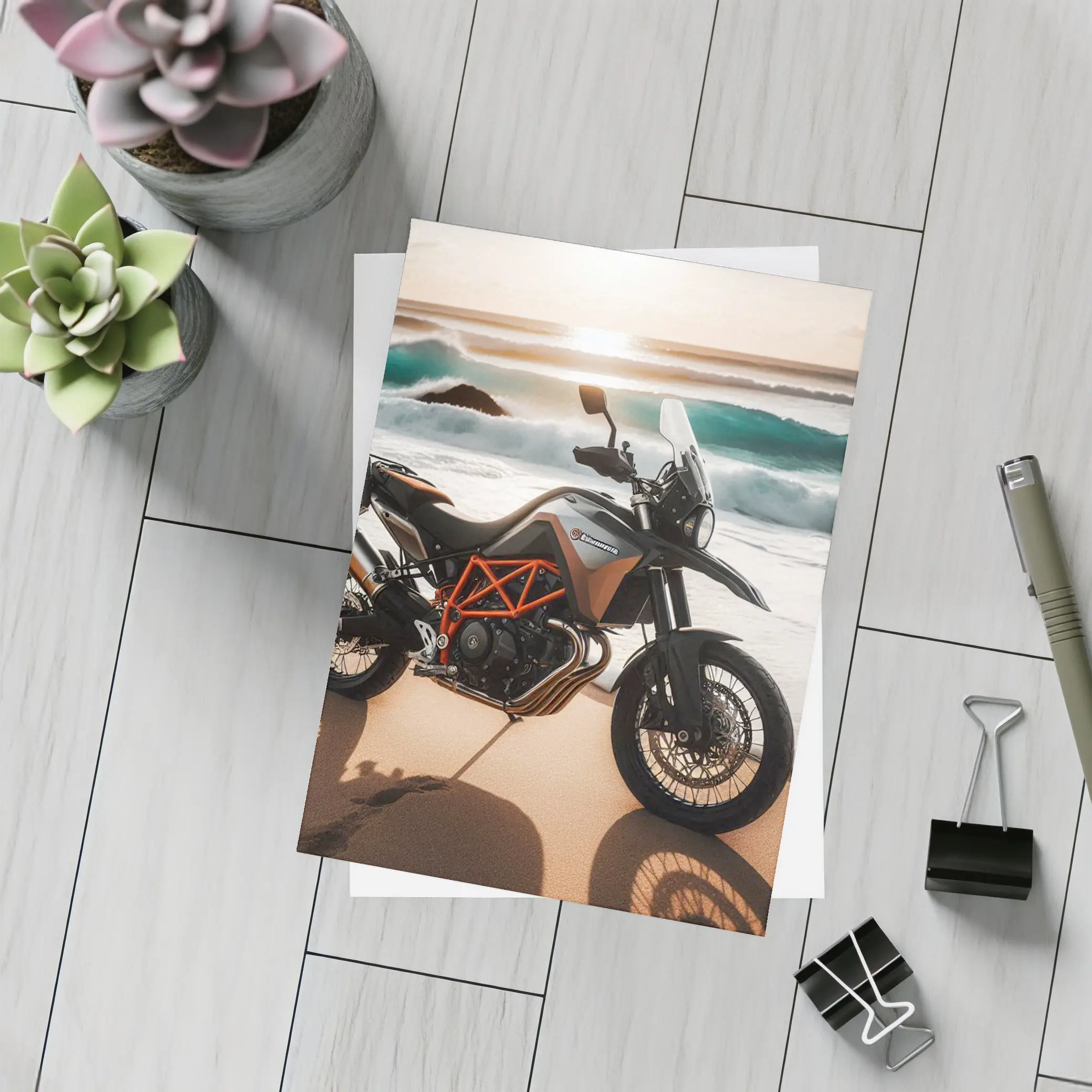 KTM Adventure Motorcycle Parked On Beach – Postcards