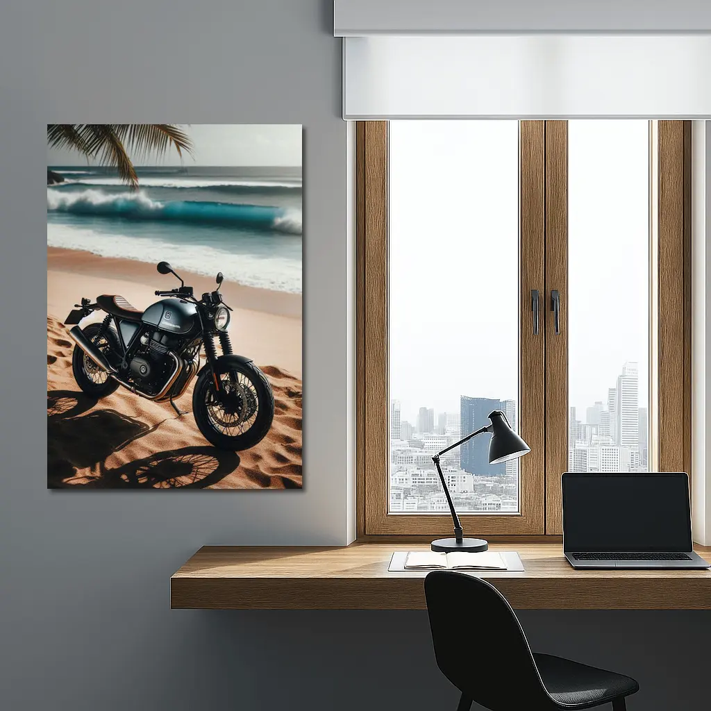 Dark Cafe Racer Motorcycle On Sandy Beach – Wall Art
