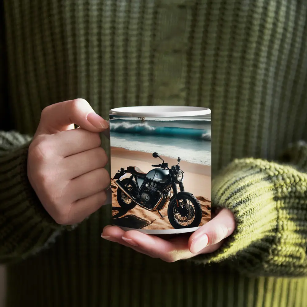 Dark Cafe Racer Motorcycle On Sandy Beach – Mugs