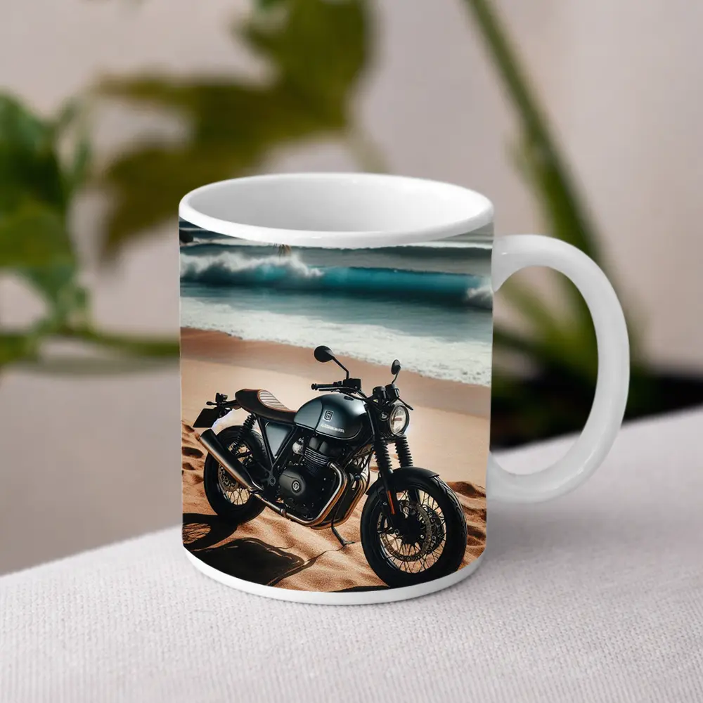 Dark Cafe Racer Motorcycle On Sandy Beach – Mugs