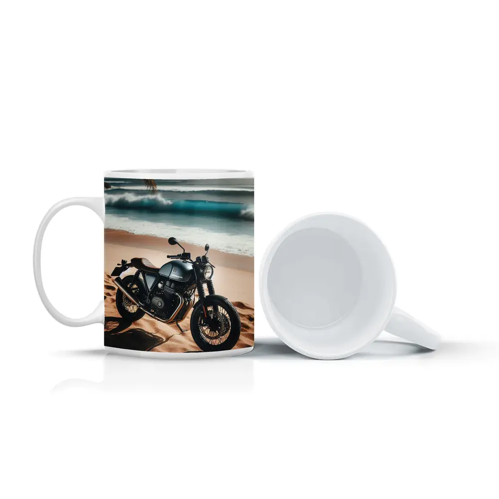 Dark Cafe Racer Motorcycle On Sandy Beach – Mugs