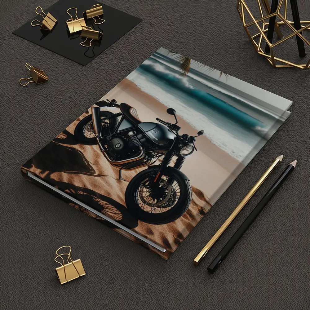 Dark Cafe Racer Motorcycle On Sandy Beach – Notebooks