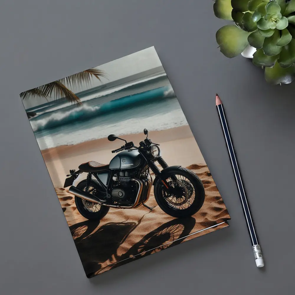 Dark Cafe Racer Motorcycle On Sandy Beach – Notebooks