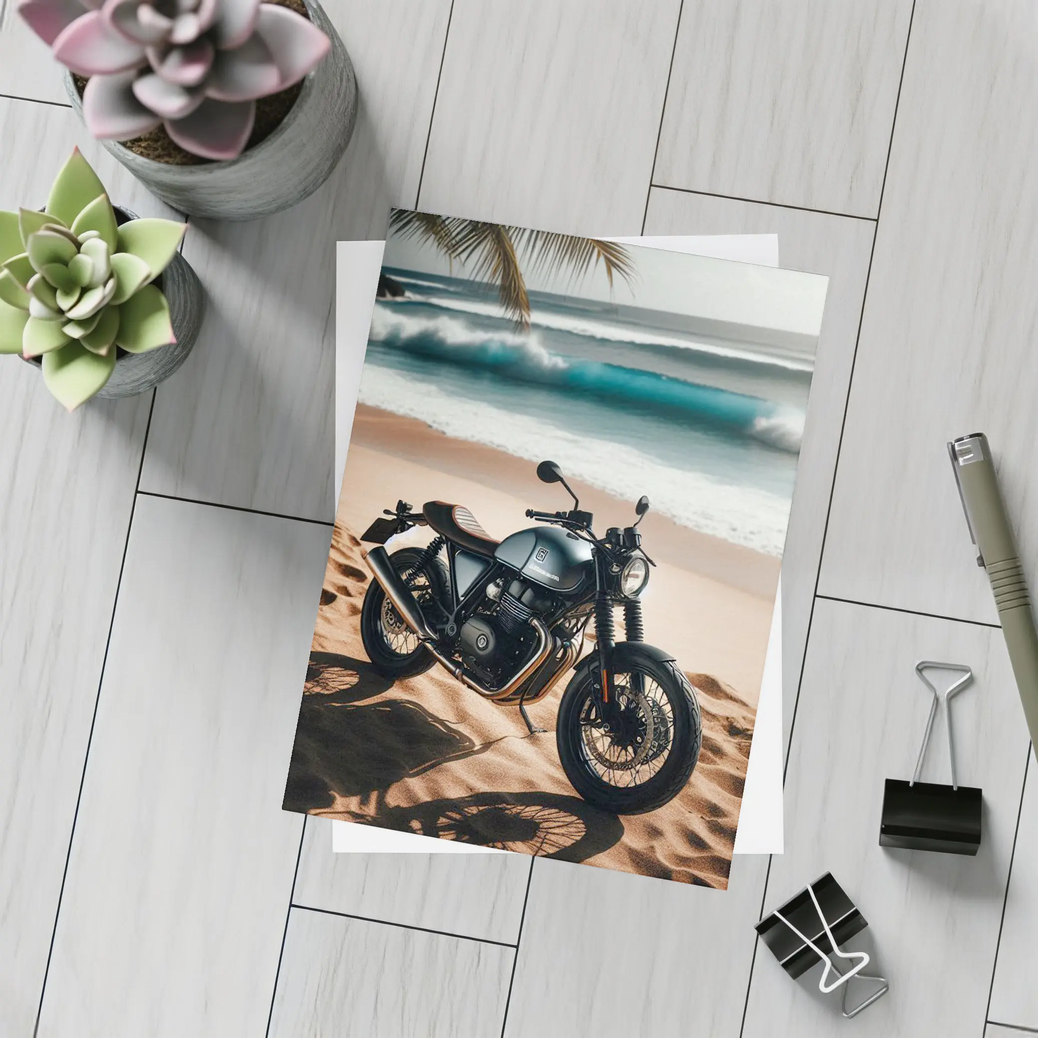Dark Cafe Racer Motorcycle On Sandy Beach – Postcards
