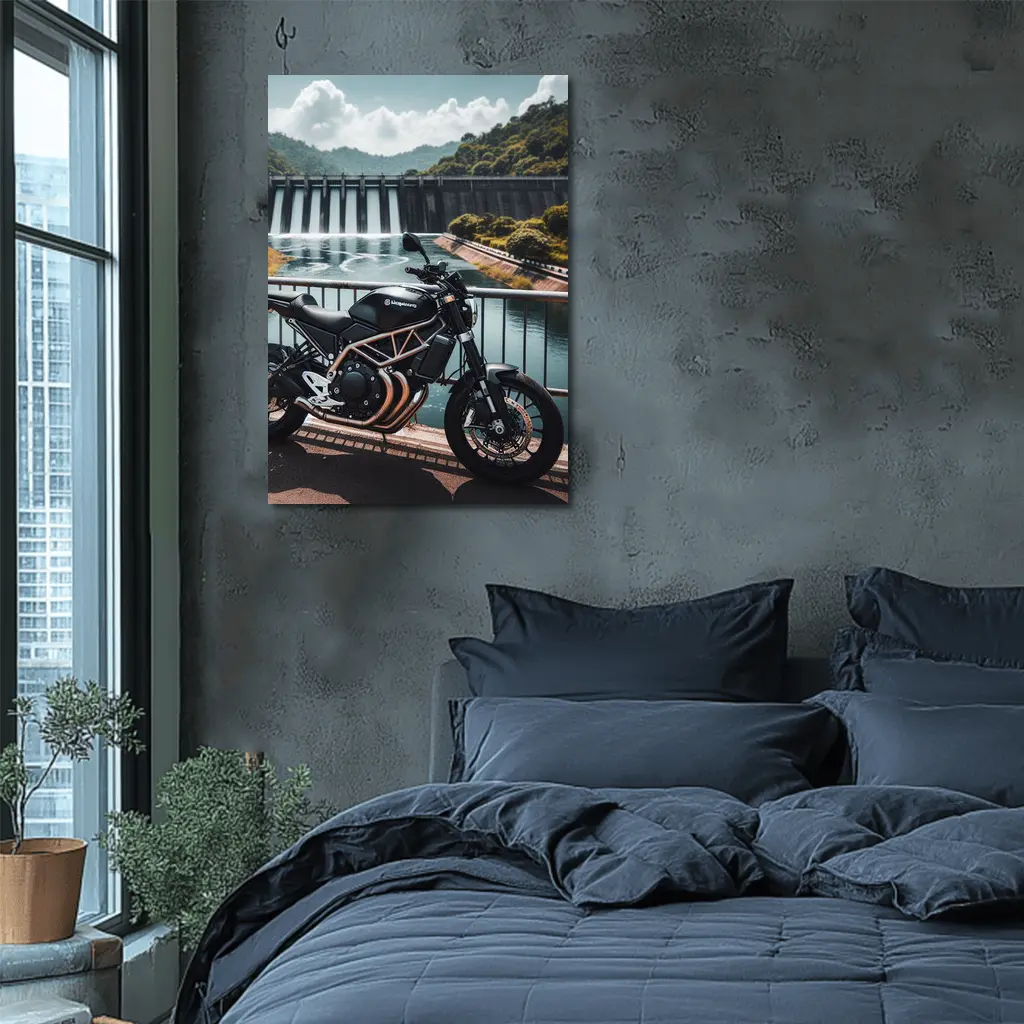 Husqvarna Scrambler Motorcycle Parked By Dam – Wall Art