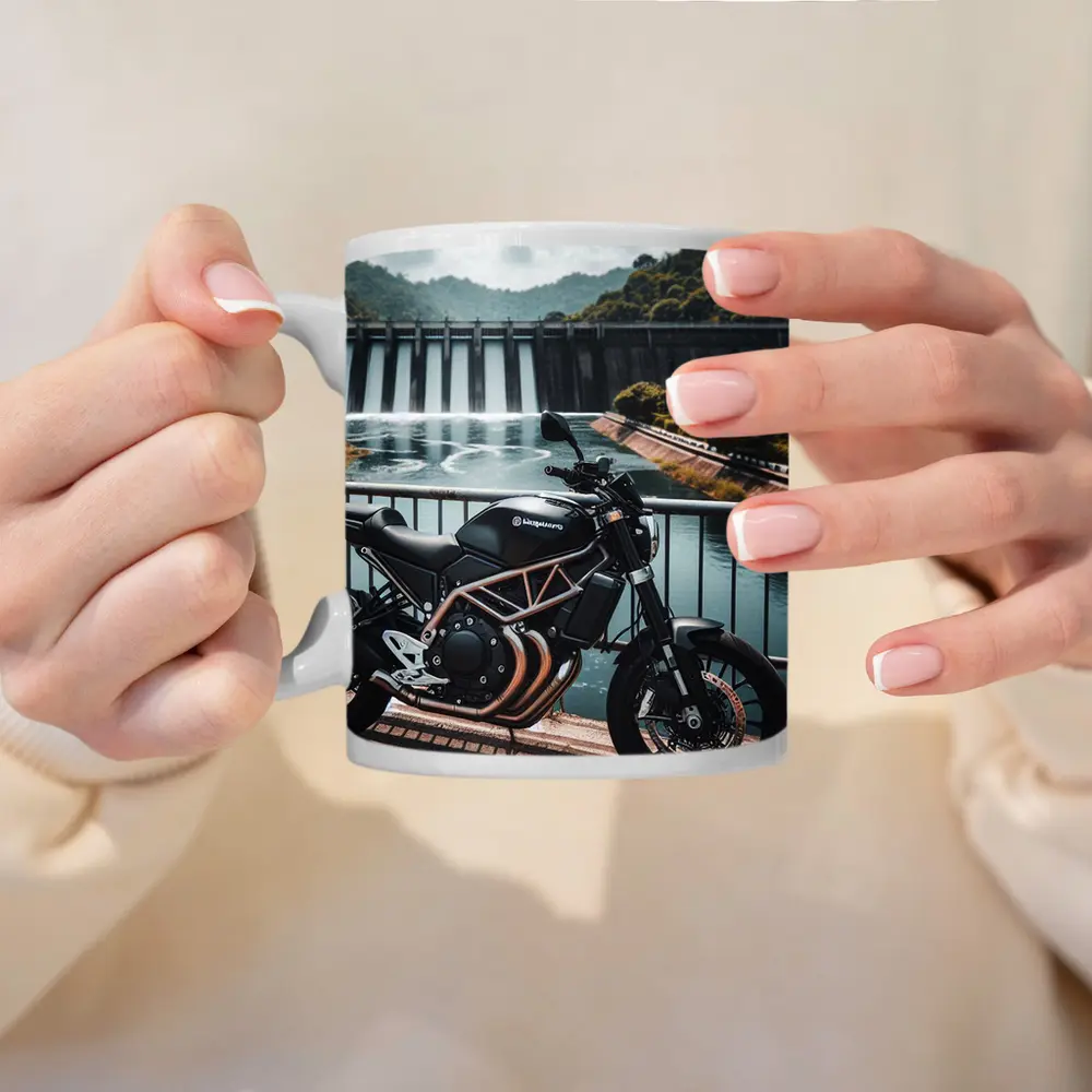 Husqvarna Scrambler Motorcycle Parked By Dam – Mugs