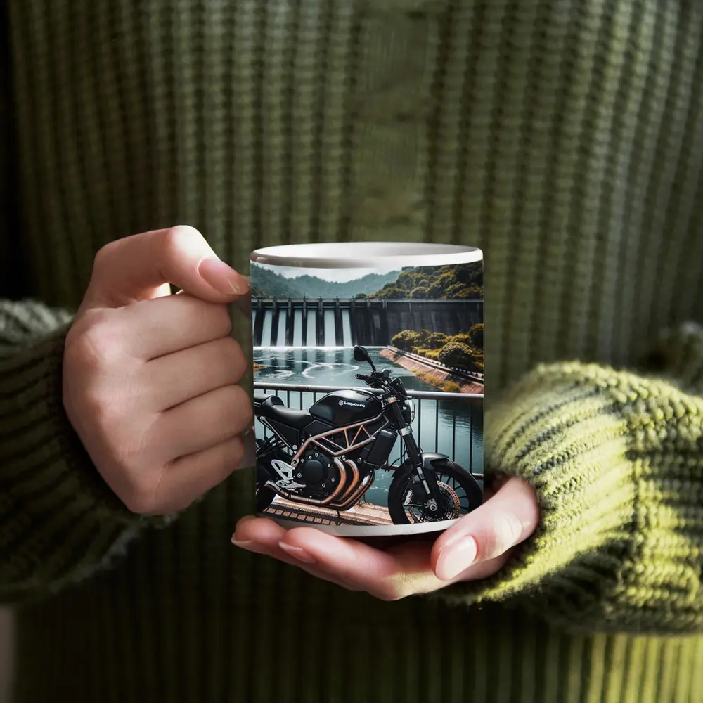 Husqvarna Scrambler Motorcycle Parked By Dam – Mugs