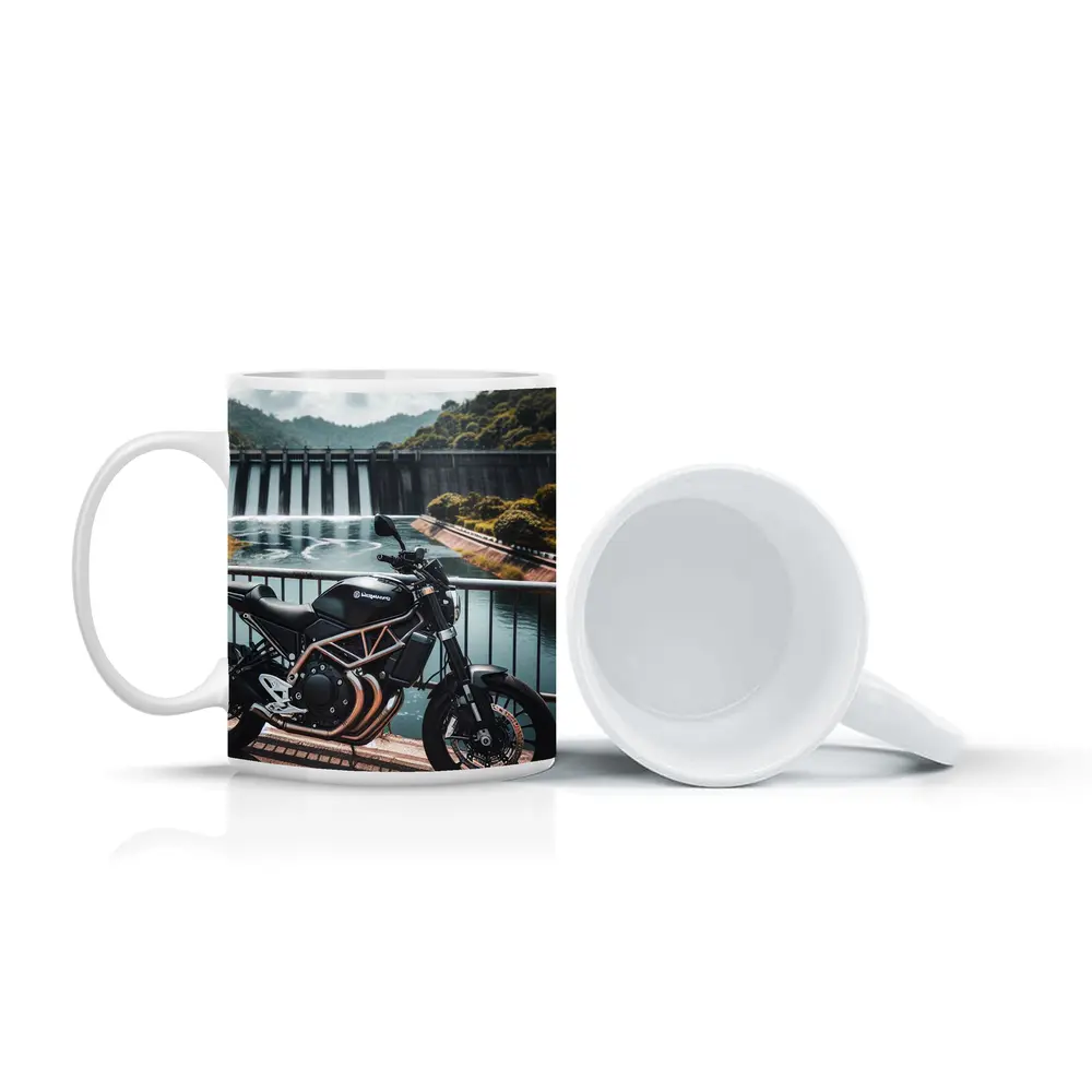 Husqvarna Scrambler Motorcycle Parked By Dam – Mugs
