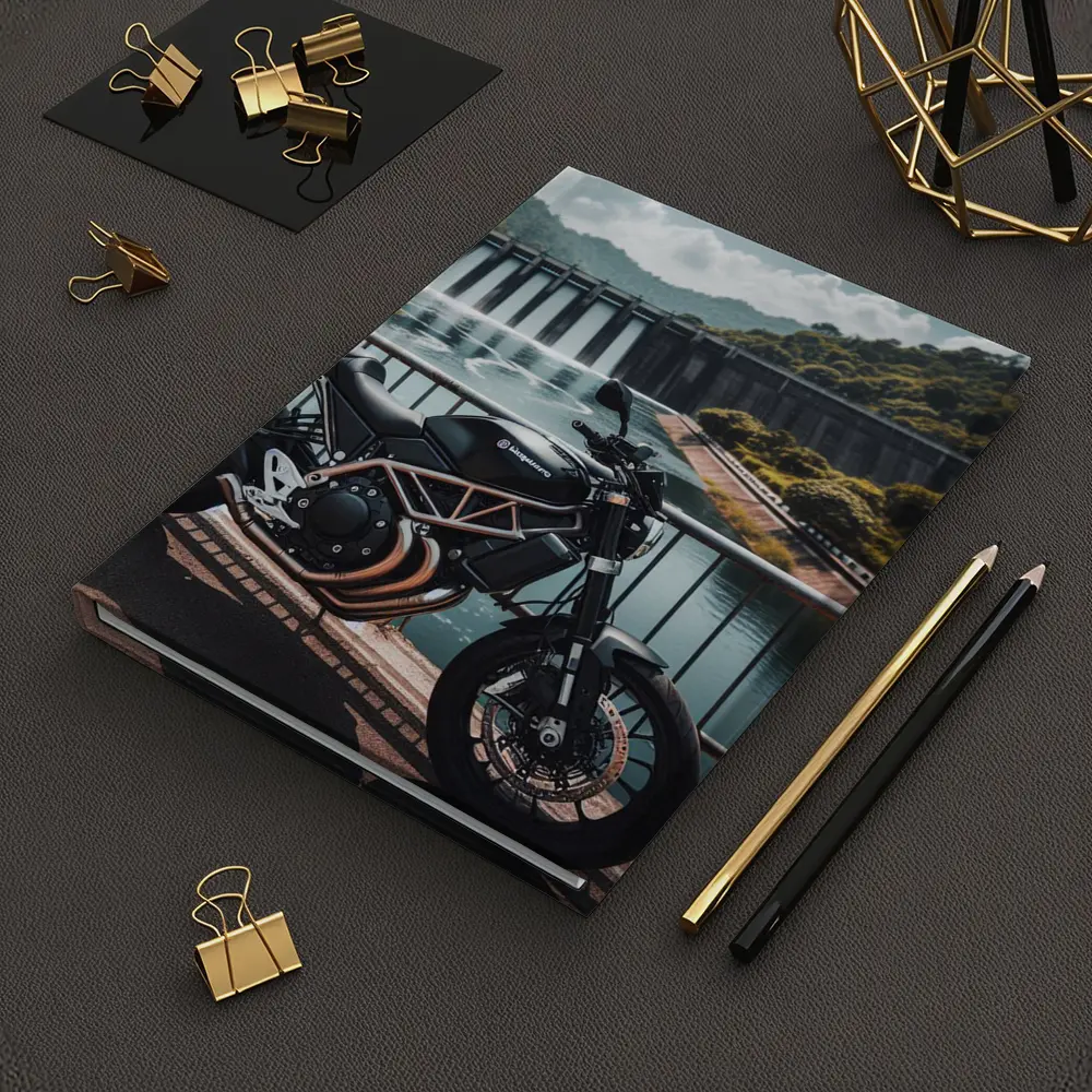 Husqvarna Scrambler Motorcycle Parked By Dam – Notebooks
