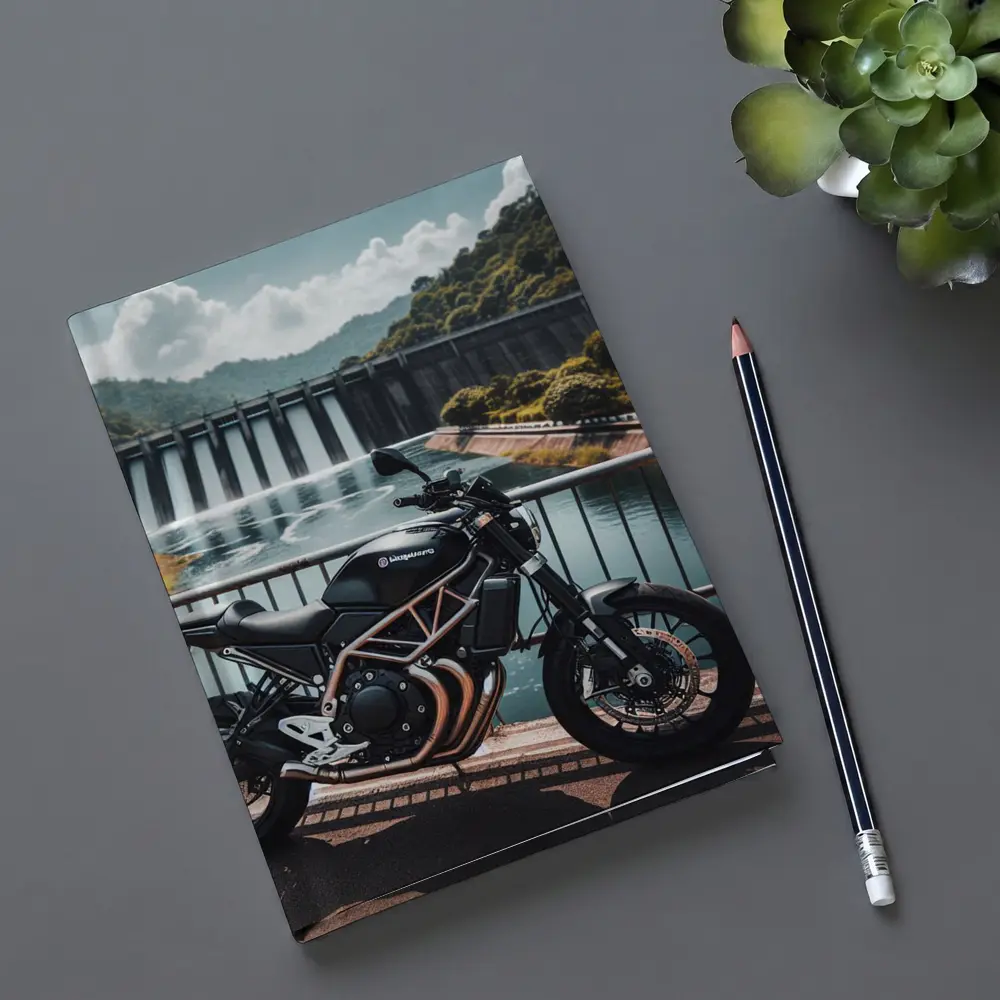 Husqvarna Scrambler Motorcycle Parked By Dam – Notebooks