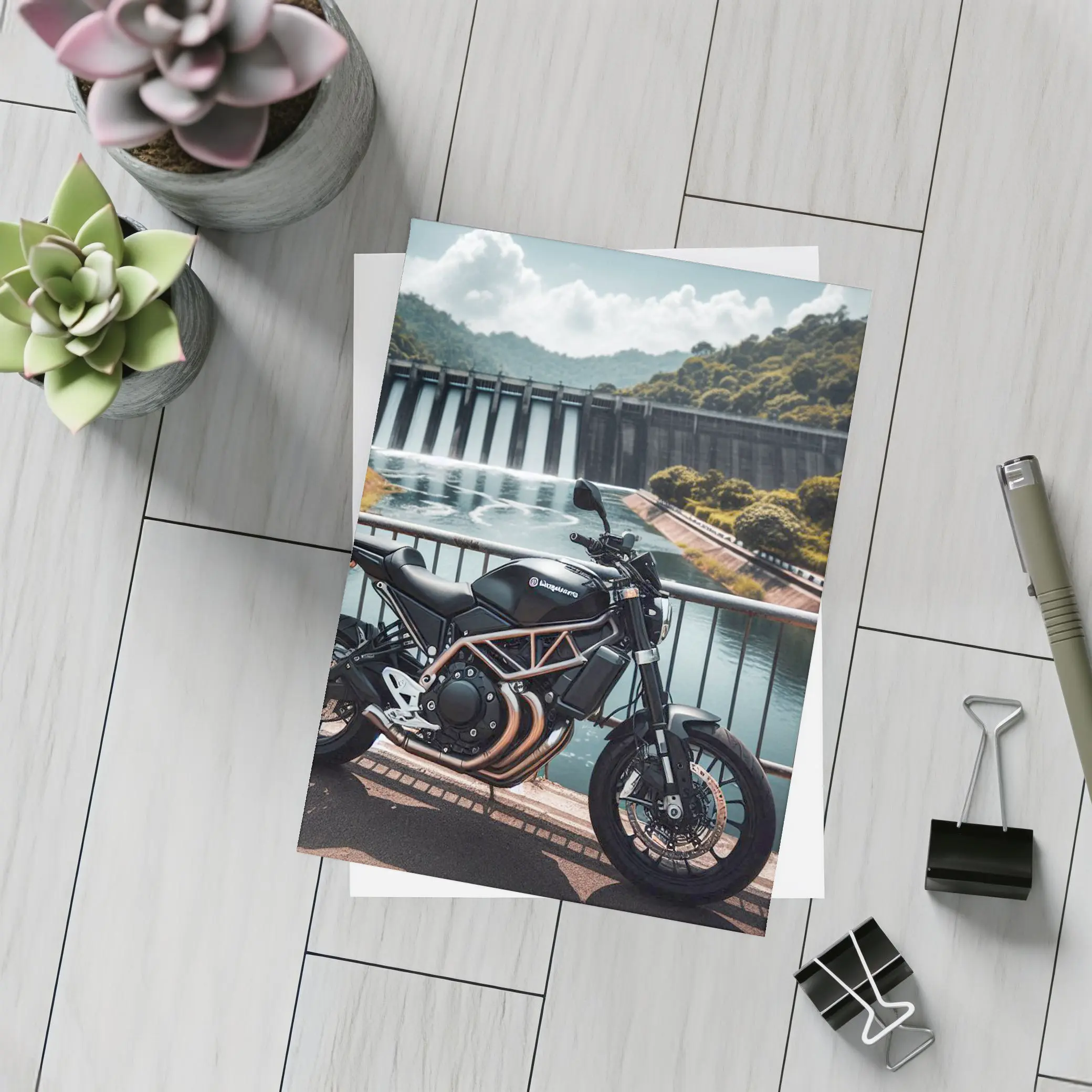 Husqvarna Scrambler Motorcycle Parked By Dam – Postcards