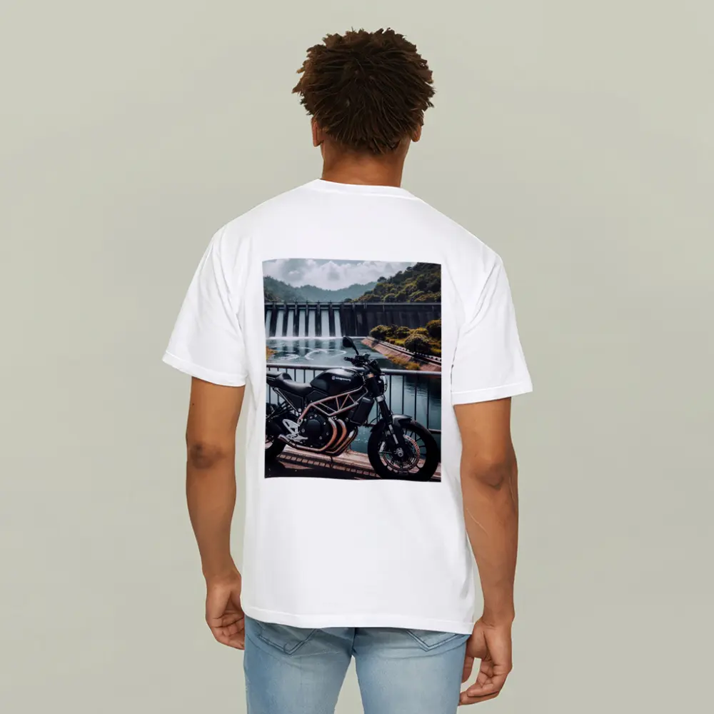 Husqvarna Scrambler Motorcycle Parked By Dam – T-Shirts