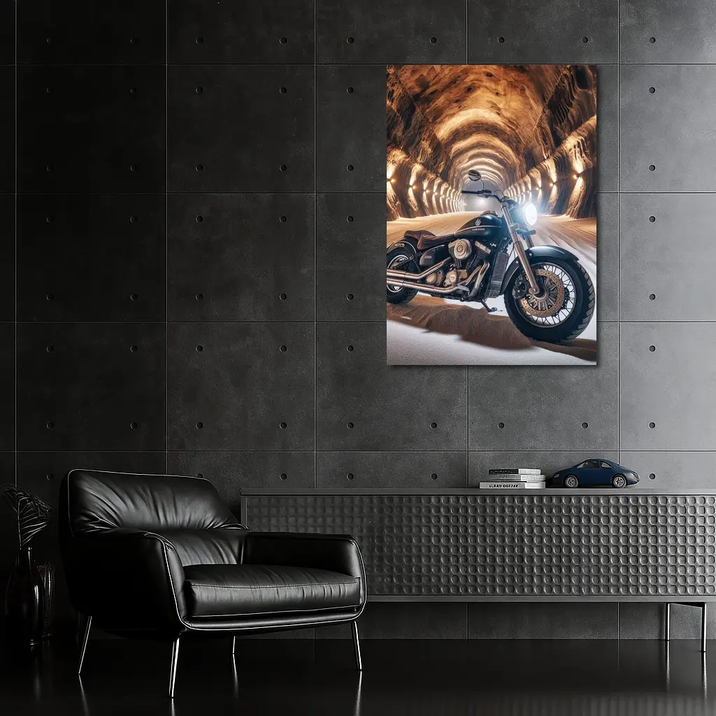 Black Cruiser Motorcycle Inside Stone Tunnel – Wall Art