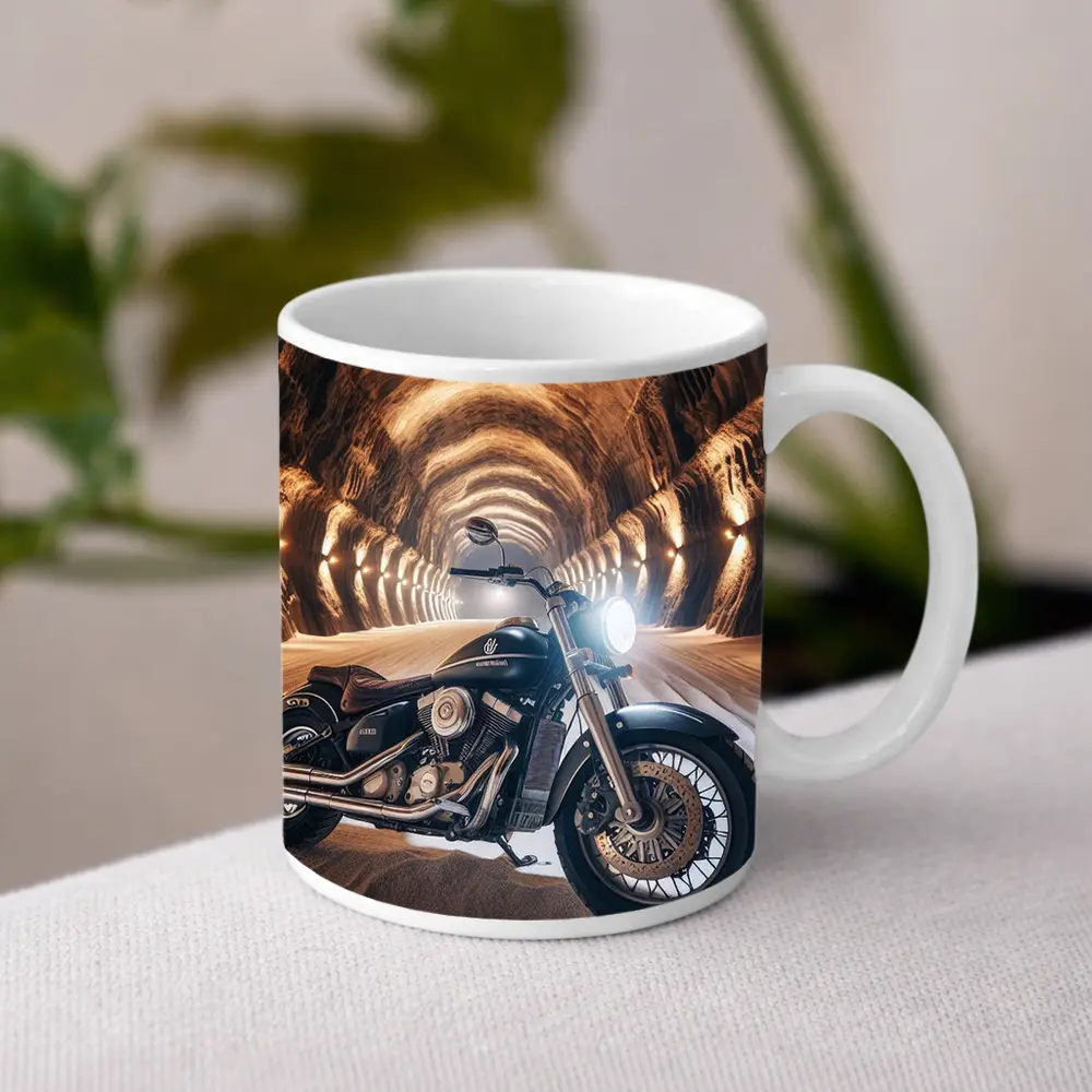 Black Cruiser Motorcycle Inside Stone Tunnel – Mugs